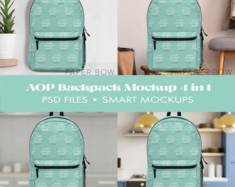 AOP Backpack x4 Scenes, Photoshop Files, PSD Mock up, Smart Object Editable Mock-ups For online store for Print on Demand Seller