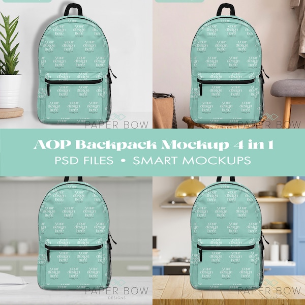 AOP Backpack x4 Scenes, Photoshop Files, PSD Mock up, Smart Object Editable Mock-ups For online store for Print on Demand Seller