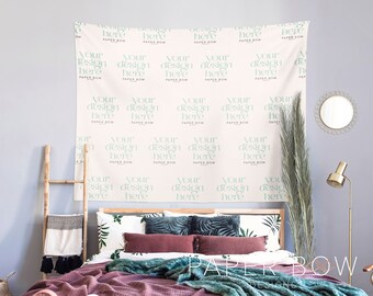 Boho Red Bedroom Tapestry Mockup, File Photoshop, PSD Mockup, Venditore di arazzi