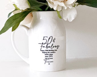 50th Birthday Gift - Personalised Happy Birthday Quote Ceramic Vase Jug- Keepsake for Birthdays - 50th Birthday Keepsake