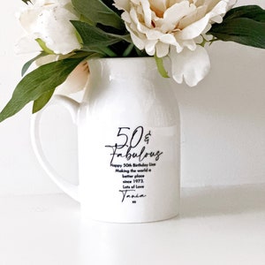 50th Birthday Gift - Personalised Happy Birthday Quote Ceramic Vase Jug- Keepsake for Birthdays - 50th Birthday Keepsake