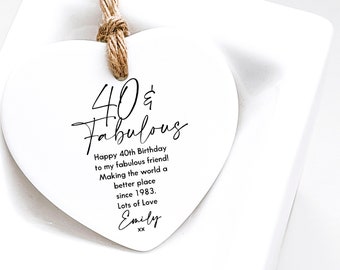 40th Birthday Gift - Personalised Happy Birthday Quote Ceramic Heart Decoration Ornament - Keepsake for Birthdays - 40th Birthday Keepsake