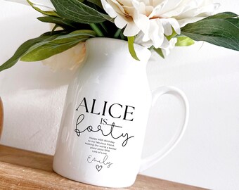 40th Birthday Gift - Personalised Happy Birthday Quote Ceramic Vase Jug- Keepsake for Birthdays - 40th Birthday Keepsake