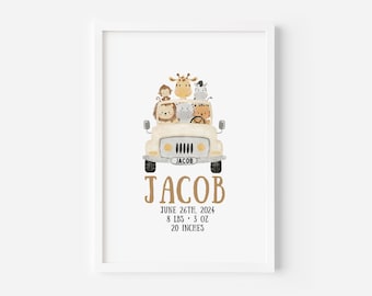 Safari Animal  Nursery Wall Art Decor, New Baby Safari Nursery Wall Decor, Personalised Safari Print Nursery Wall Art