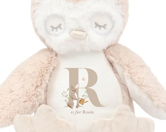 Búho de peluche personalizado, regalo para bebé de estilo cottagecore, peluche neutro personalizado, juguete con tu nombre, regalo para baby shower de niños y niñas.