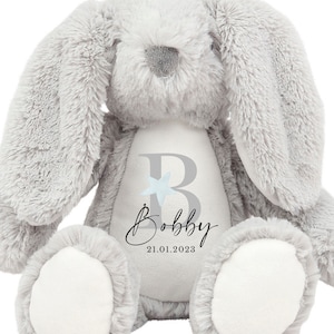 May include: A gray plush bunny with a white patch on its chest. The patch has a blue star and the letter "B" with the name "Bobby" and the date "21.01.2023" written below.
