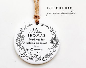 Teacher Gift Ideas, Thank you for helping me grow Quote, Gifts for Teachers Personalised Hanging Ceramic Ornament Keepsake Gift for Teachers