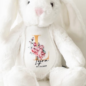 Personalised Bunny Rabbit, New Baby Gift, Personalised Plush Soft Toy, Your Name Teddy, Cuddly Toy, Girls and Boys Teddy Baby Shower Gift White Bunny