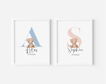 New Baby Gift, New Baby Nursery Print, Personalised Gift for New Baby, Teddy Nursery Print, Gift for Newborn Baby Boy Girl