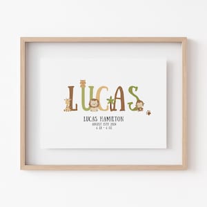 Safari Name Print - Personalised Jungle Decor - Kids Bedroom Art - New Baby Gift