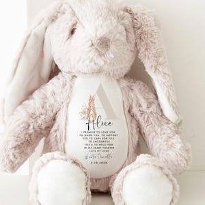 May include: A plush, light pink bunny rabbit with long ears and a soft, fluffy texture. The bunny has a white patch on its chest with the name "Alice", a bunny illustration, and a personalized message. The date 5.10.2025 is also included.