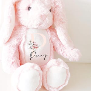 May include: Pink plush bunny with a floral design and the name "Penny" embroidered on the chest.