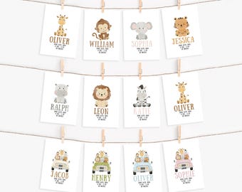 Personalized Safari Animal Nursery Print, New Baby Gift