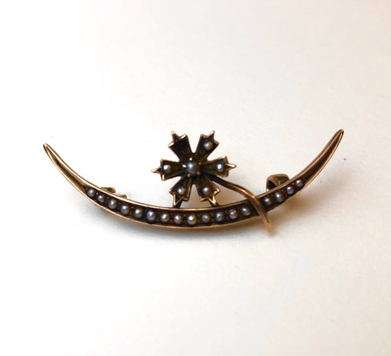 Victorian Seed Pearl Crescent Moon Pin - image 1