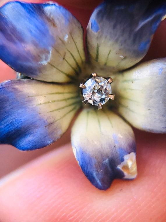 Victorian Enamel Flower 14 kt & Rose Cut Diamond - image 2