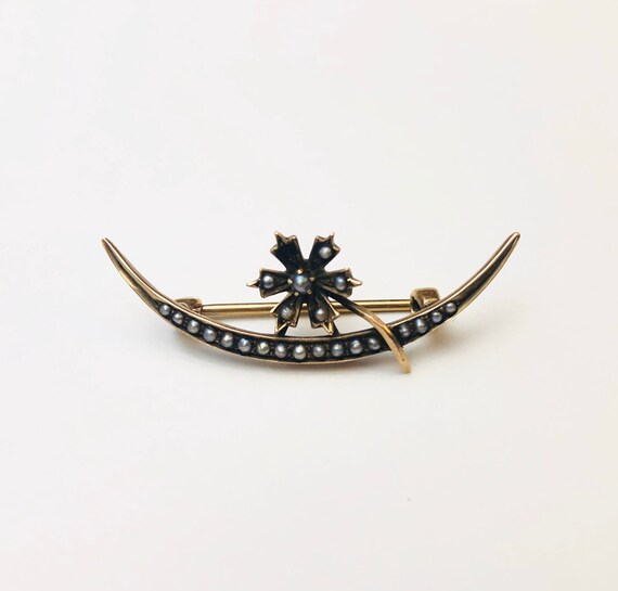 Victorian Seed Pearl Crescent Moon Pin - image 2