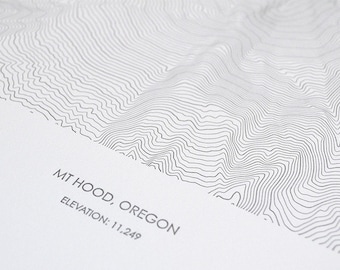 May include: A black and white topographic map print of Mt. Hood, Oregon. The print includes the text "MT HOOD, OREGON" and "ELEVATION: 11,249".