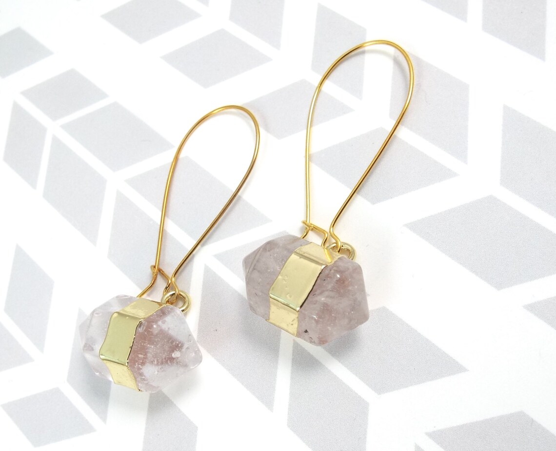 Pink Quartz Crystal Gold Earrings Blush Gemstones by Split Etsy
