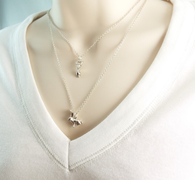 Artemis Stag Deer Antler White Gold Charm Pendant Modern Woodland Forest Spirit Silver Necklace Gift for Wife Girlfriend Daughter Mother