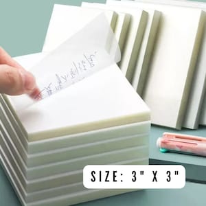 May include: A stack of white square sticky notes, each measuring 3 inches by 3 inches. A hand is peeling back a top sheet with handwritten text. Additional stacks of notes are visible in the background. The text "SIZE: 3" X 3"" is displayed.