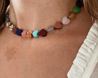 Multi Gemstone Heart Necklace with Garnet Beads and a 14k Gold Fill or Sterling Silver Clasp