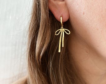 14k Gold Fill Bow Earrings - Hanging Bow Earring - Tided Ribbon Earring - Nickel Free