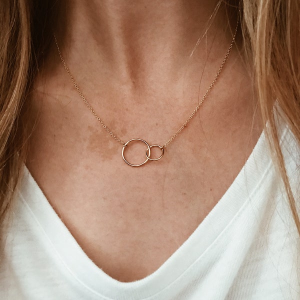 Connected Double Ring Necklace in 14/20 Gold Fill or Sterling Silver