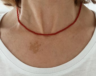 Red Carnelian Gemstone Seed Bead Necklace with 14k Gold Fill Clasp