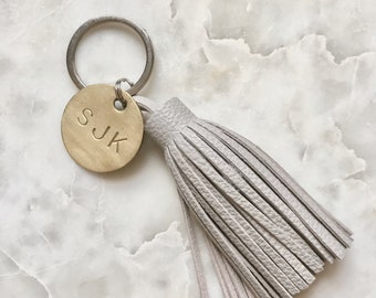 CUSTOM Leather Fringe Keychain with Stamped Disk - Initial or Word