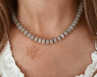 Dusty Blue Jade and Rainbow Agate Genuine Gemstone Beaded Necklace 5x8mm Stones with 14k Gold Fill or .925 Sterling Silver Clasp