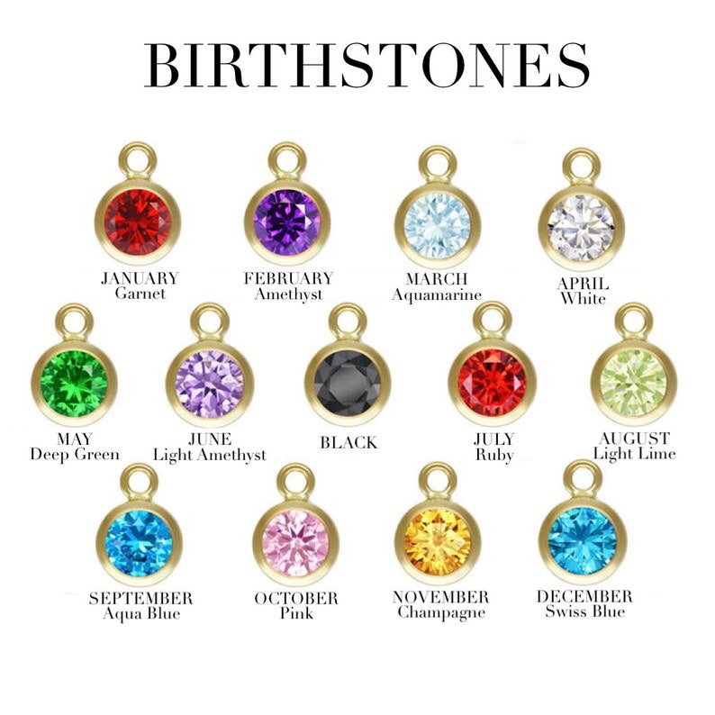 May include: Chart of birthstones for each month of the year.  The chart shows a small gold pendant with a gemstone for each month.  January: Garnet, February: Amethyst, March: Aquamarine, April: White, May: Deep Green, June: Light Amethyst, July: Ruby, August: Light Lime, September: Aqua Blue, October: Pink, November: Champagne, December: Swiss Blue.