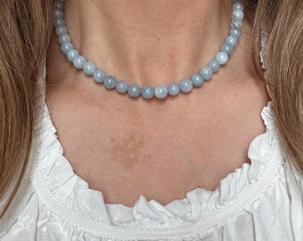 Angelite Genuine Gemstone Round Beaded Necklace 8mm with 14k Gold Fill or .925 Sterling Silver Clasp