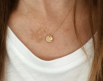 Small Custom Birthstone Stamped Initial Disk Necklace with Birthstone Charm in 14/20 Gold Fill