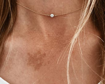 Single CZ Diamond Crystal 14/20 Gold Fill, 14/20 Rose Gold Fill, or Sterling Silver Choker or Necklace