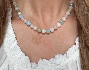 Pastel Morganite Genuine Gemstone Round Beaded Necklace with a 14k Gold Fill or Sterling Silver Clasp