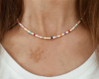 Multicolored Beaded Pearl Necklace with 14k Gold Fill Clasp