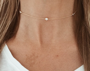 Studded Crystal Choker with CZ Stones on a 14/20 Gold-Fill, Sterling Silver, or 14/20 Rose Gold-Fill Chain