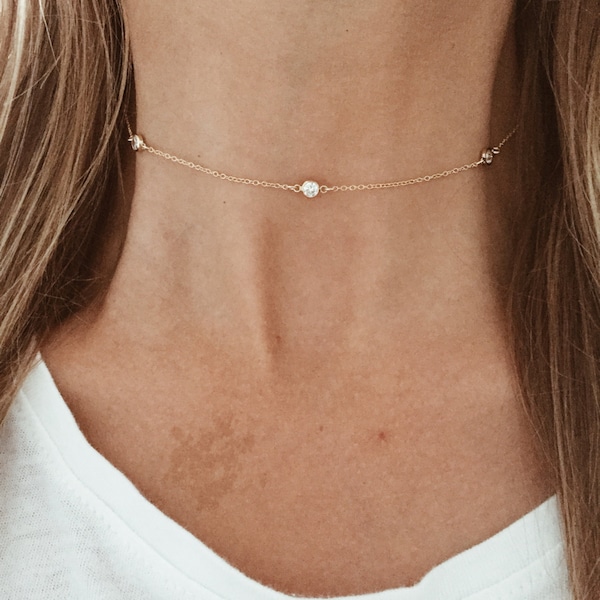 Studded Crystal Choker with CZ Stones on a 14/20 Gold-Fill, Sterling Silver, or 14/20 Rose Gold-Fill Chain