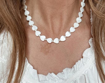 Mother of Pearl Heart and Freshwater Pearl Beaded Genuine Gemstone Necklace with a 14k Gold Fill or .925 Sterling Silver Clasp