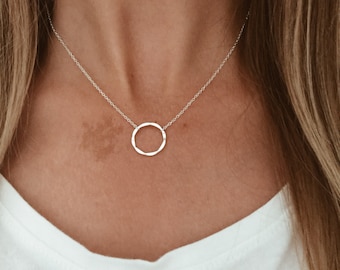 Hammered Circle Necklace in Sterling Silver or 14k Gold Fill