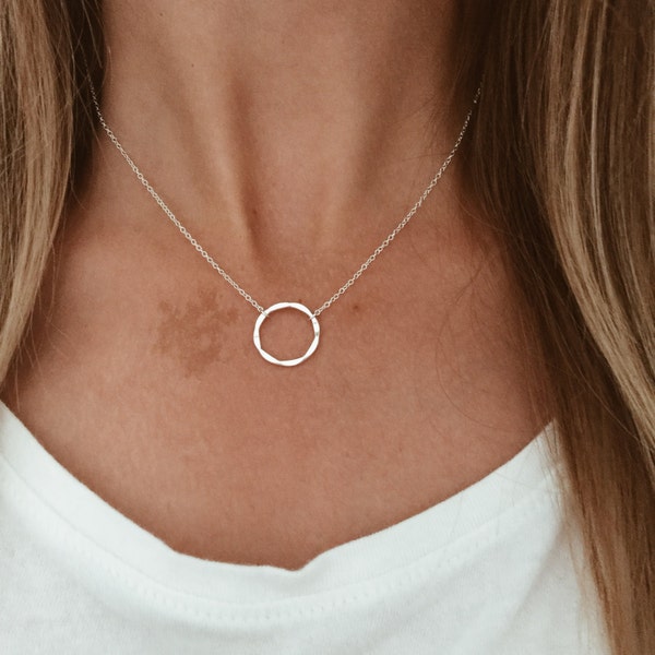 Hammered Circle Necklace in Sterling Silver or 14k Gold Fill