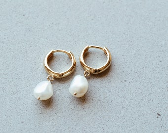 Drop Pearl Huggie Earrings in 14/20 Gold Fill