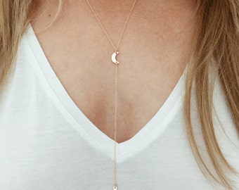 Crestent Moon Y Lariat Necklace in 14/20 Gold Fill or Sterling Silver