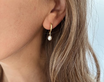 Small Pearl Drop Hoop Earrings in 14k Gold Fill or 14k White Gold Fill