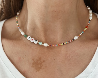 CUSTOM Beaded Name Necklace with Pearls and Gemstones Lemon Jade, Pink Quartz, Green Jade, Turquoise, Tiger’s Eye