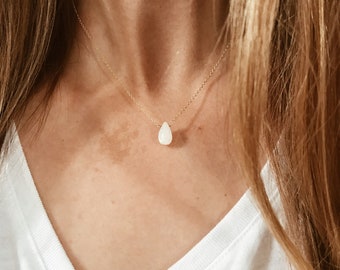 White Moonstone Teardrop Necklace with a 14/20 Fold Filled, Sterling Silver, or 14/20 Rose Gold Filled Chain