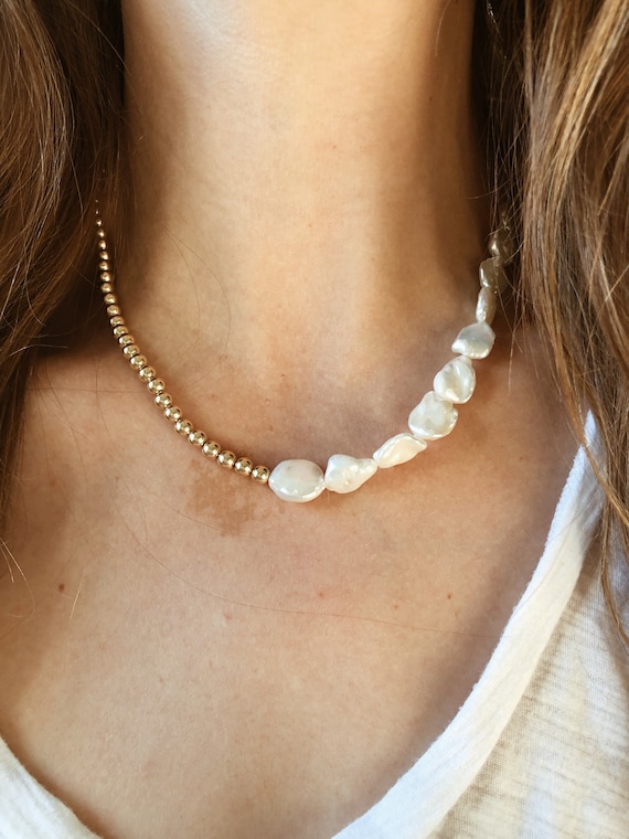 14K Solid Gold Pearl and Curb Chain, Half Pearl Half Chain Necklace,  Birthday Gift for Her, Graduation Gift - Etsy