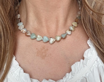 Amazonite Heart Genuine Gemstone Beaded Necklace with a 14k Gold Fill or .925 Sterling Silver Clasp