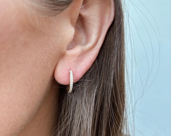 Gold Channel Setting CZ Hoops Earrings in 14k Gold Fill with Cubic Zirconia Stones