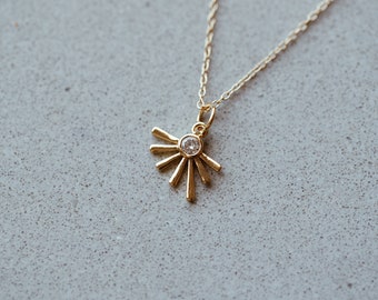 Golden Sun Ray Necklace in 14/20 Gold Fill with a CZ Stone